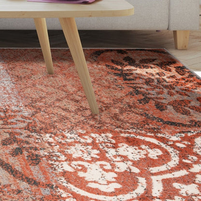 4' X 6' Rust And Gray Damask Distressed Area Rug