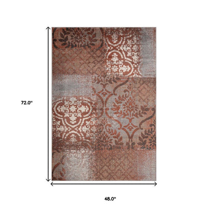 4' X 6' Rust And Gray Damask Distressed Area Rug