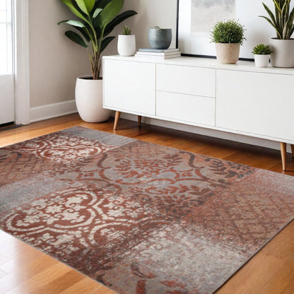 4' X 6' Rust And Gray Damask Distressed Area Rug