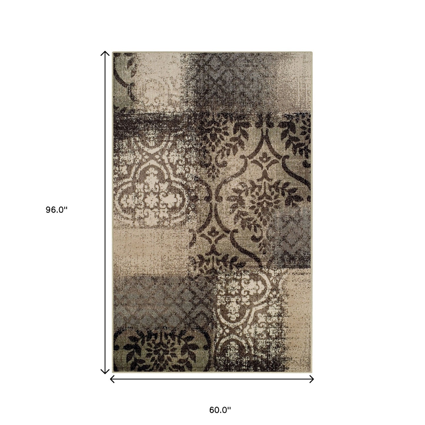 5' X 8' Tan And Brown Damask Distressed Stain Resistant Area Rug