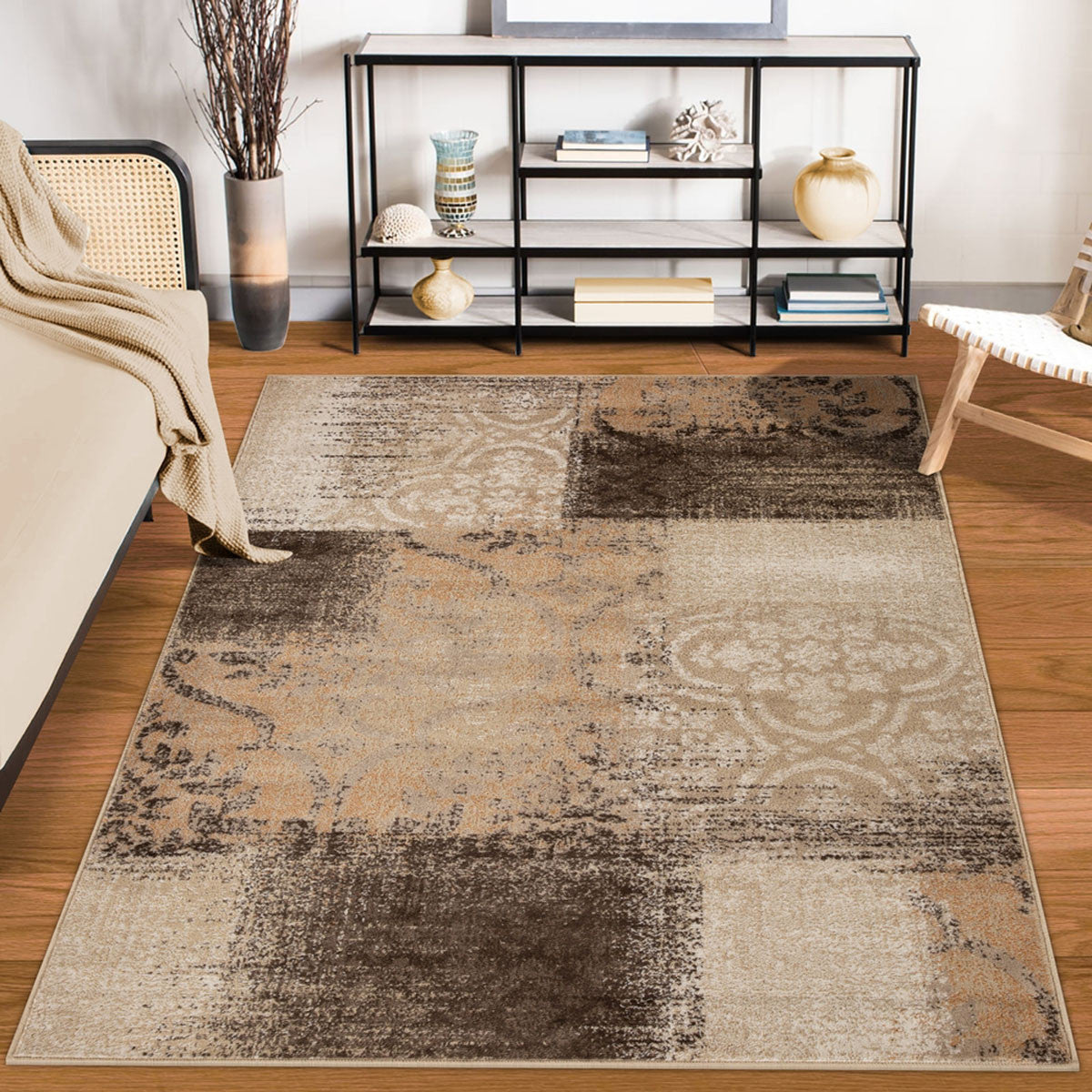 5' X 8' Beige Gray And Black Damask Distressed Stain Resistant Area Rug