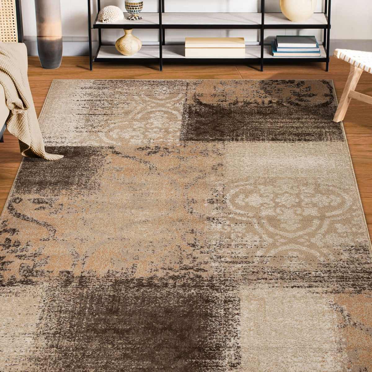 5' X 8' Beige Gray And Black Damask Distressed Stain Resistant Area Rug