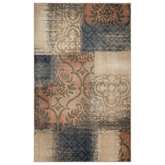 5' X 8' Blue And Ivory Damask Distressed Area Rug