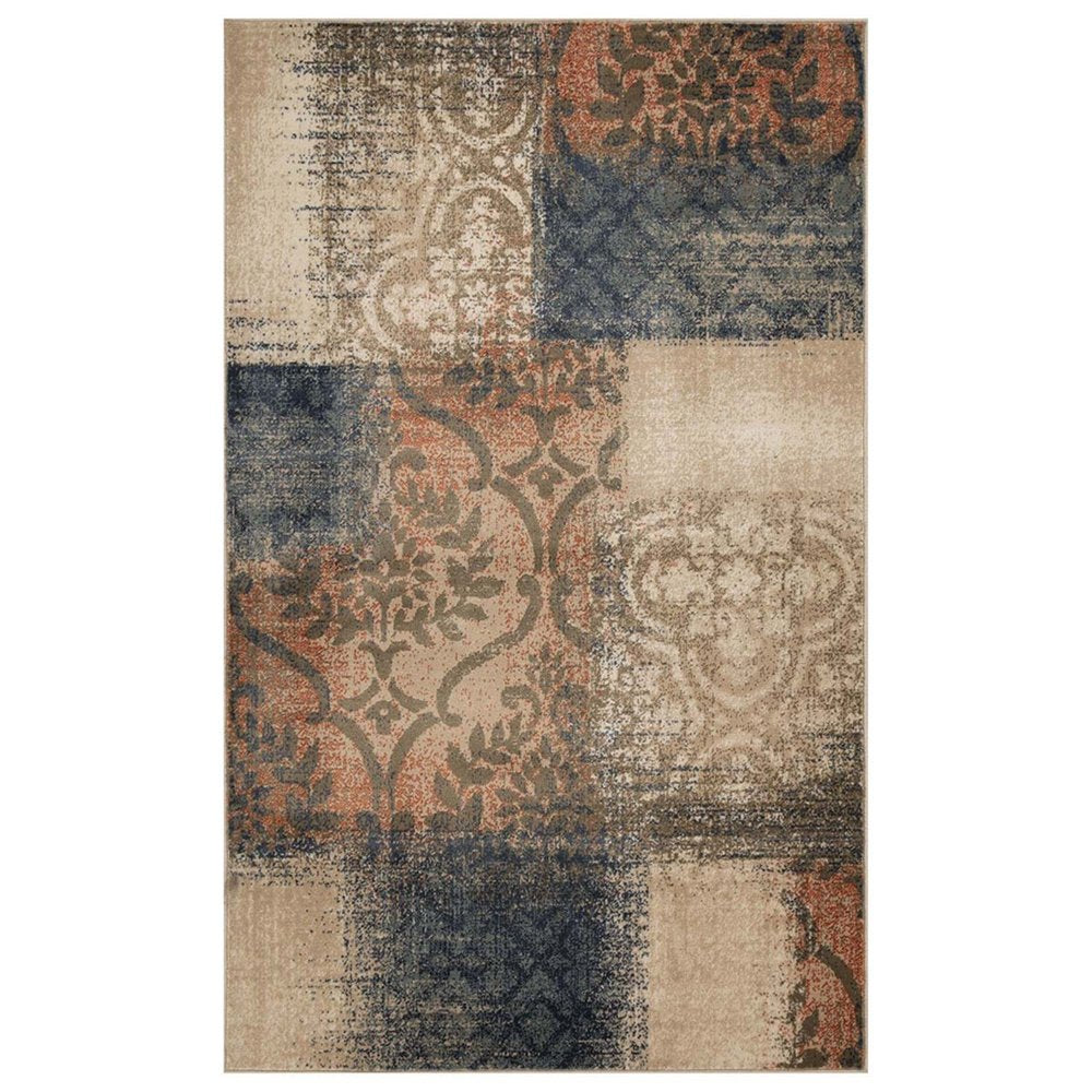 5' X 8' Blue And Ivory Damask Distressed Area Rug