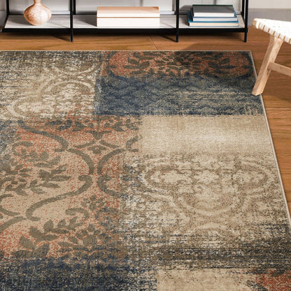 5' X 8' Blue And Ivory Damask Distressed Area Rug