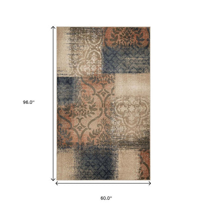 5' X 8' Blue And Ivory Damask Distressed Area Rug