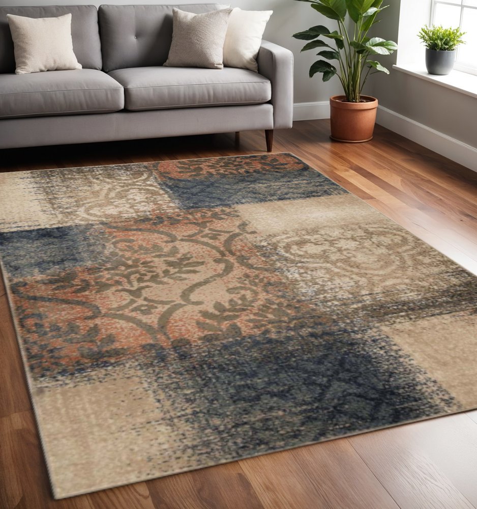 5' X 8' Blue And Ivory Damask Distressed Area Rug