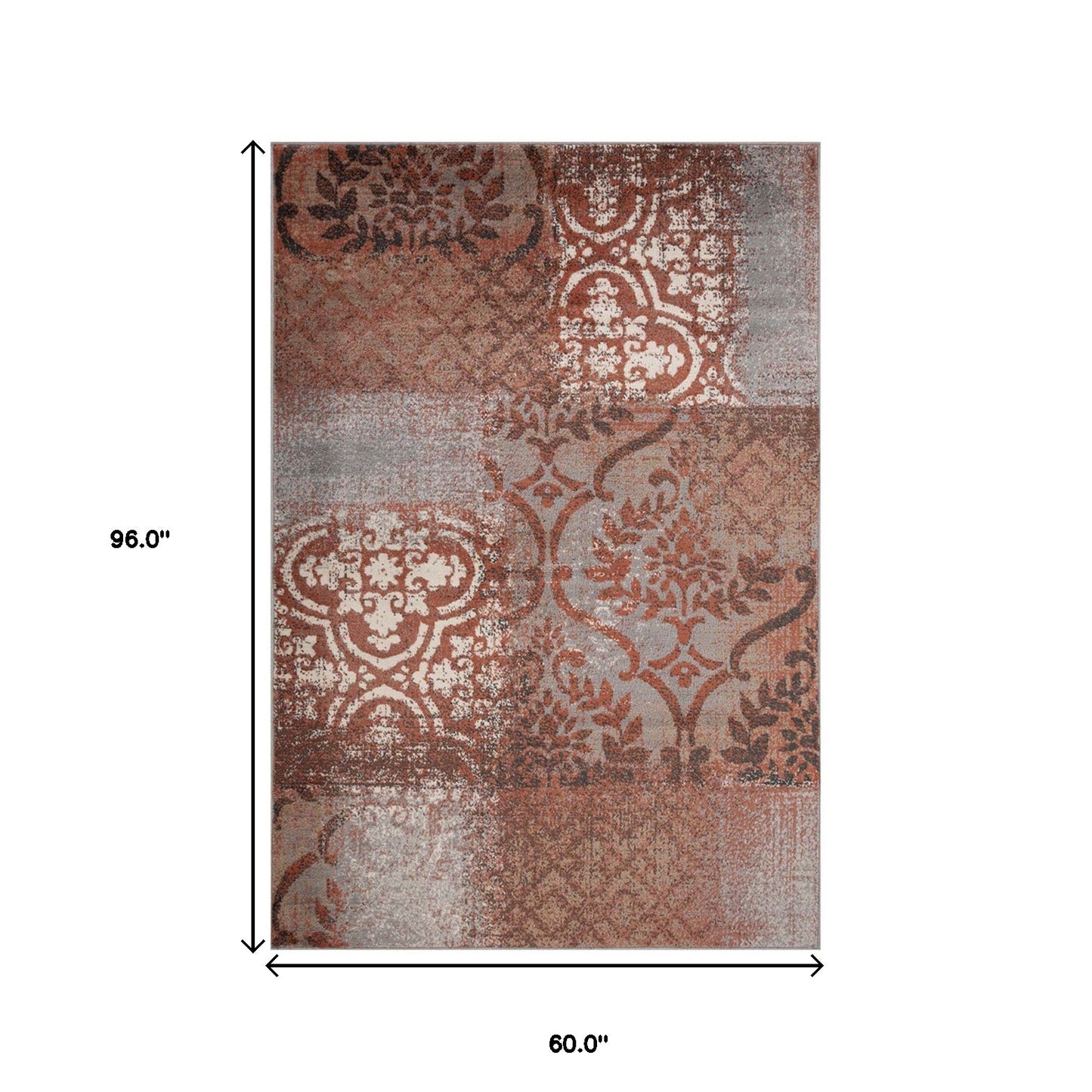 5' X 8' Rust And Gray Damask Distressed Stain Resistant Area Rug