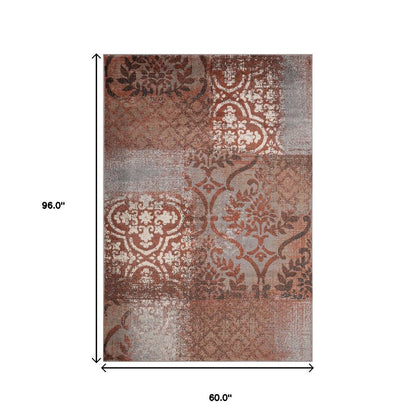 5' X 8' Rust And Gray Damask Distressed Area Rug