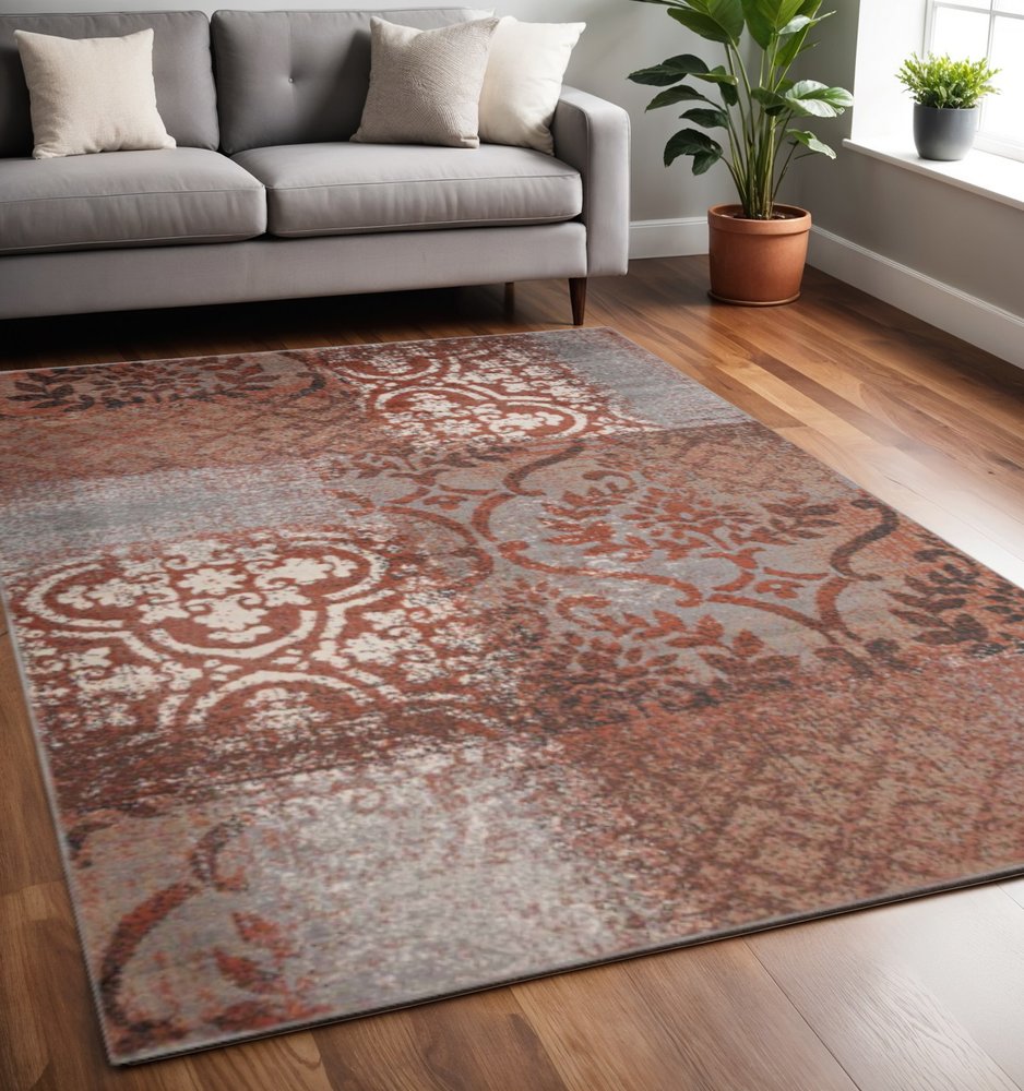 5' X 8' Rust And Gray Damask Distressed Area Rug