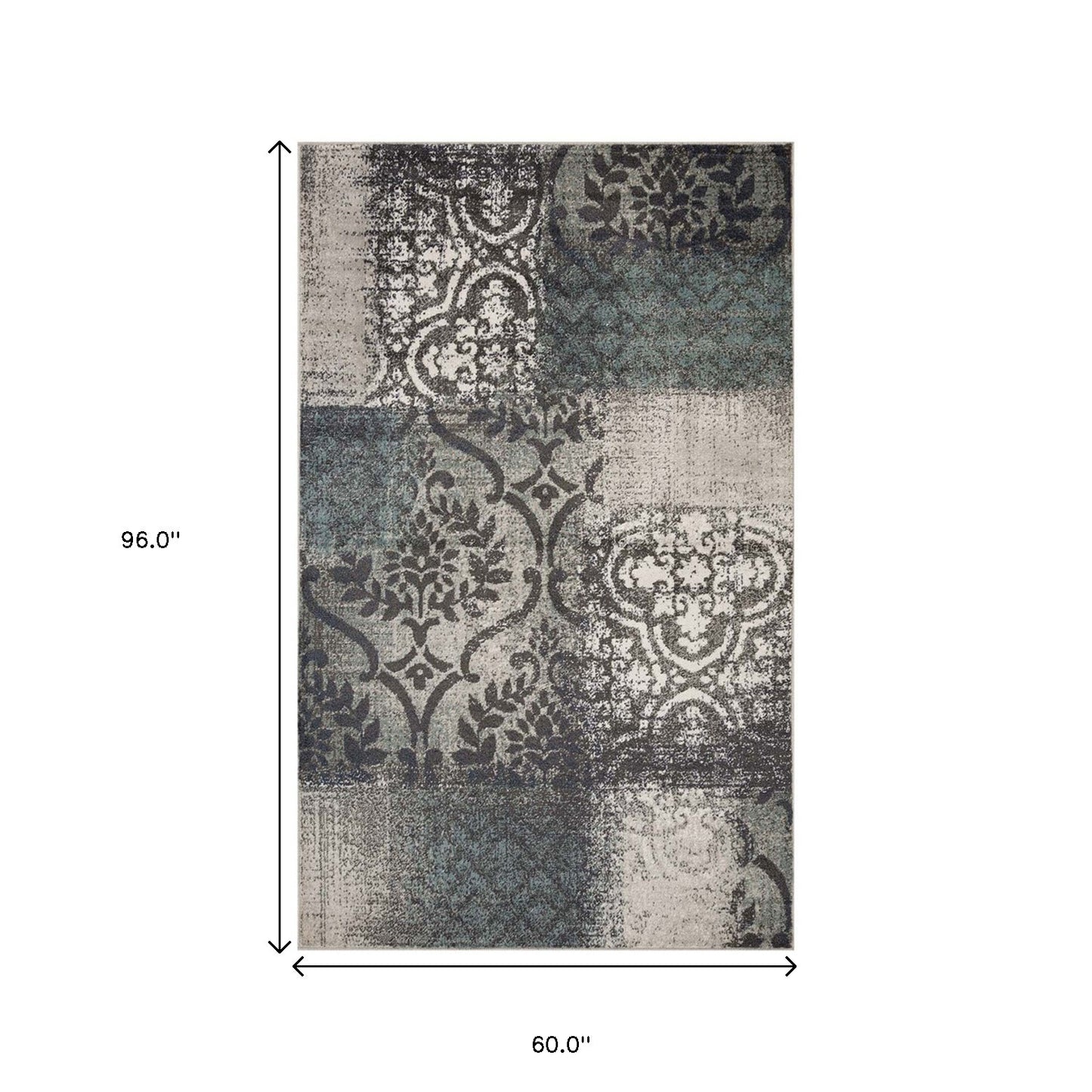 5' X 8' Teal And Gray Damask Distressed Stain Resistant Area Rug