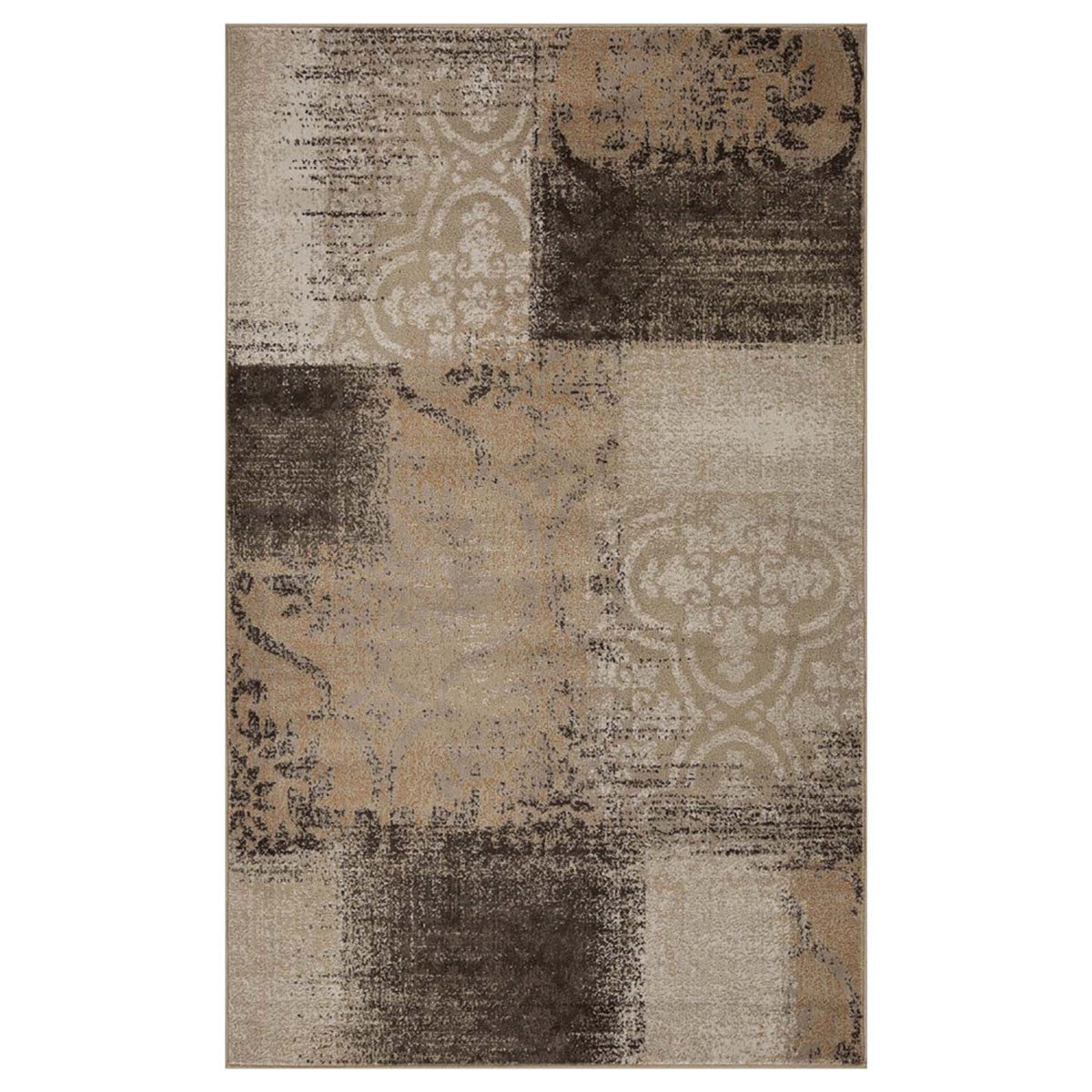 7' X 9' Beige Gray And Black Damask Distressed Stain Resistant Area Rug