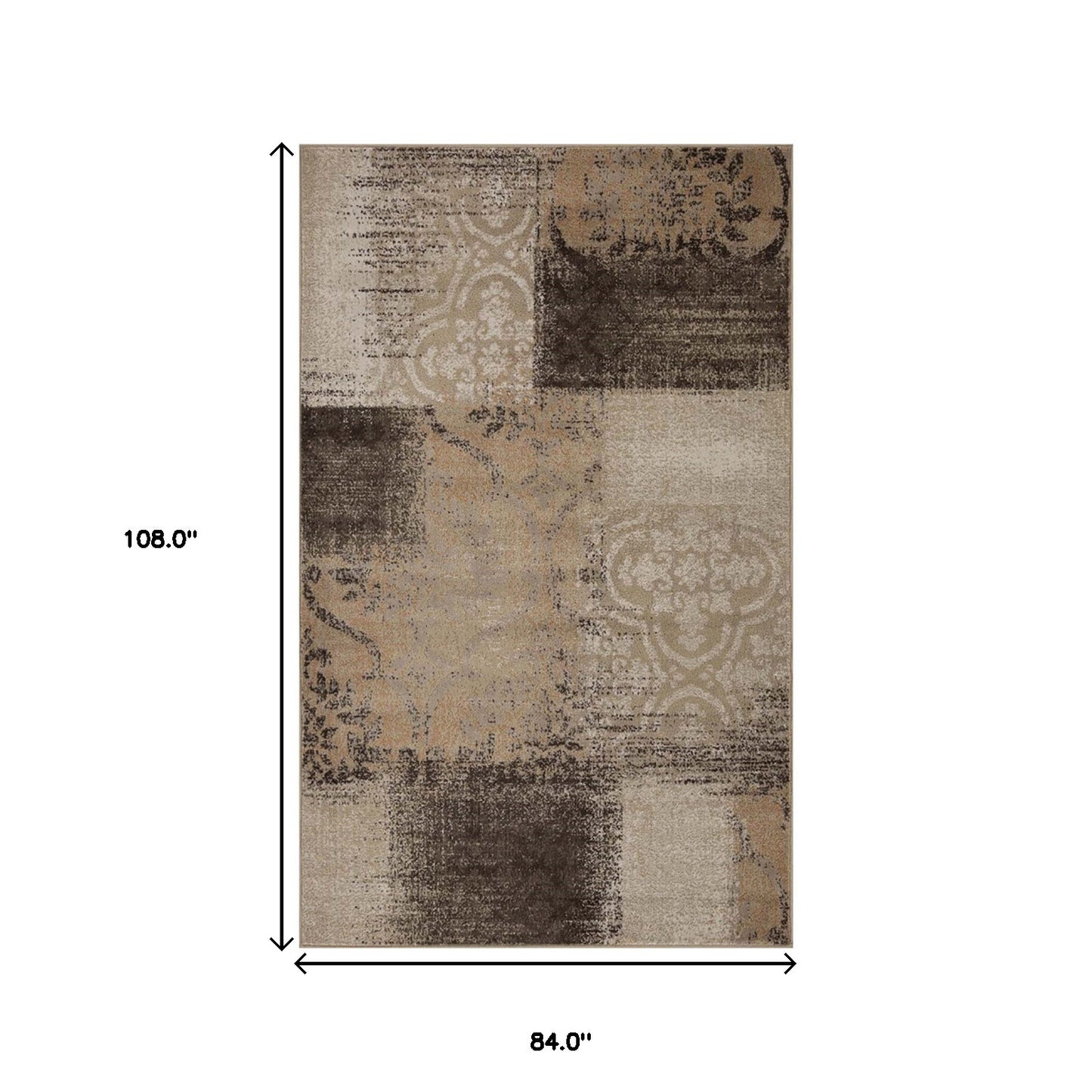7' X 9' Beige Gray And Black Damask Distressed Stain Resistant Area Rug