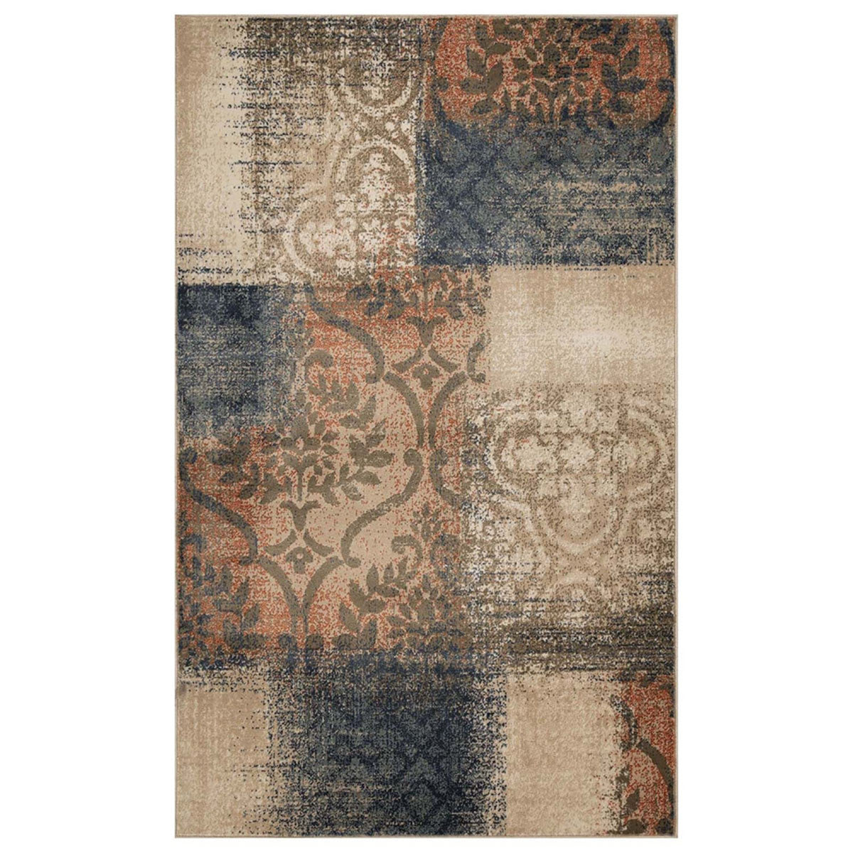 7' X 9' Navy And Salmon Damask Distressed Stain Resistant Area Rug