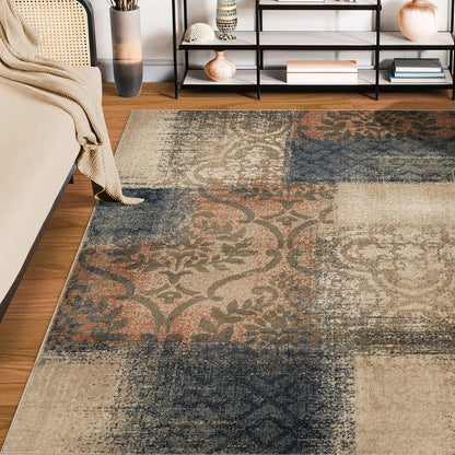 7' X 9' Blue And Ivory Damask Distressed Area Rug