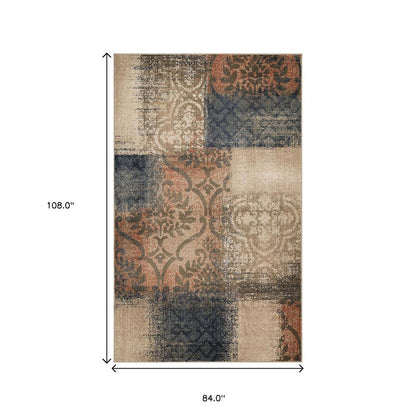 7' X 9' Blue And Ivory Damask Distressed Area Rug