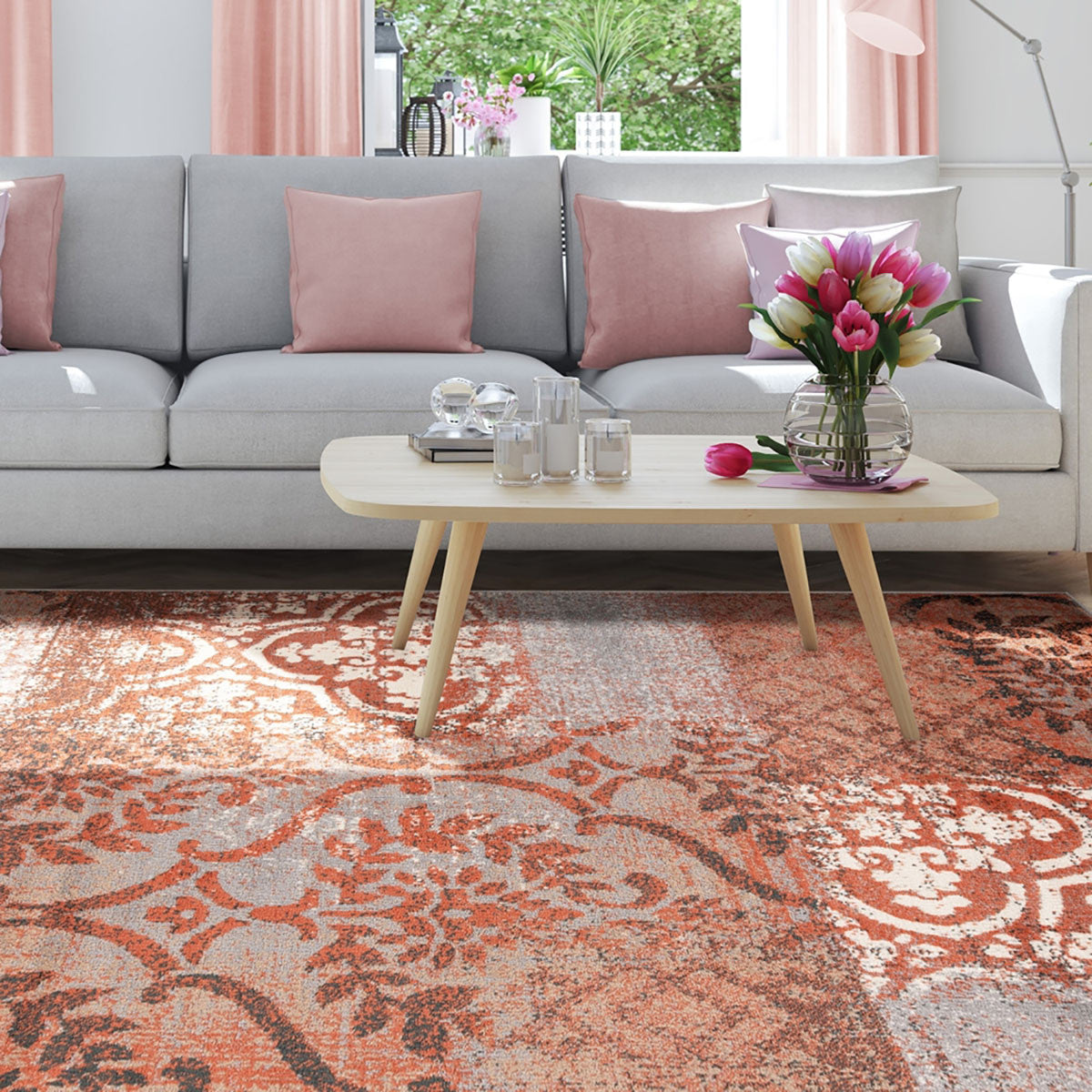 7' X 9' Rust And Gray Damask Distressed Stain Resistant Area Rug