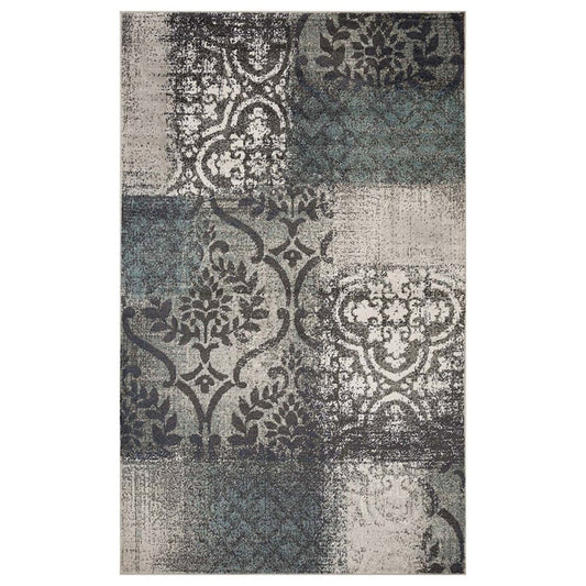 7' X 9' Teal And Ivory Damask Distressed Area Rug