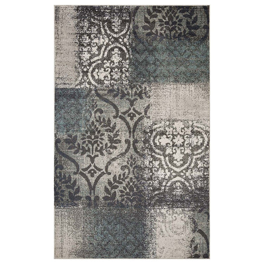 7' X 9' Teal And Gray Damask Distressed Stain Resistant Area Rug