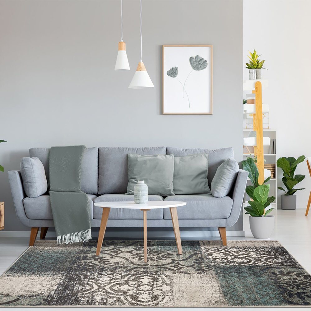 7' X 9' Teal And Ivory Damask Distressed Area Rug