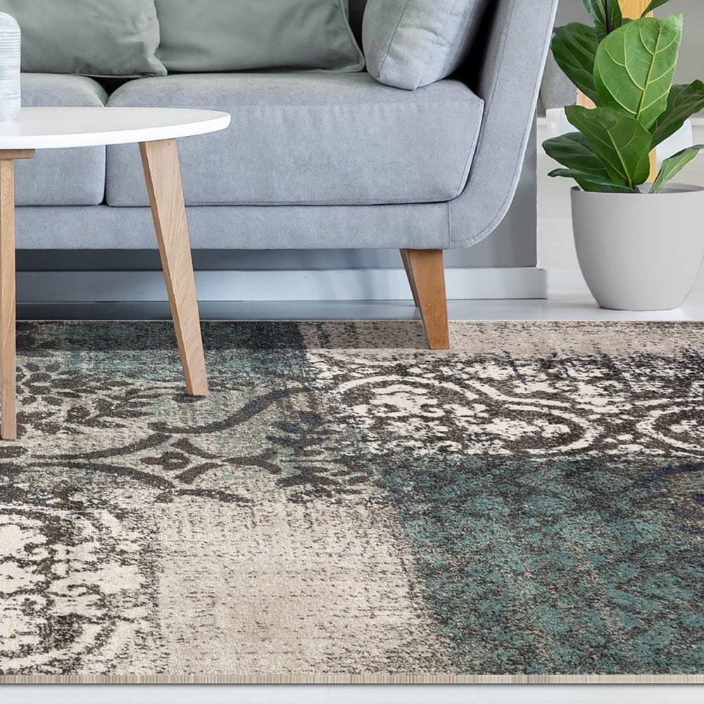 7' X 9' Teal And Ivory Damask Distressed Area Rug