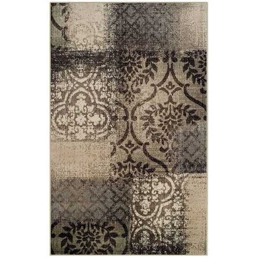 8' X 10' Tan And Brown Damask Distressed Stain Resistant Area Rug