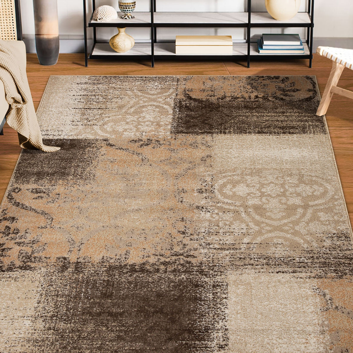 8' X 10' Beige Gray And Black Damask Distressed Stain Resistant Area Rug