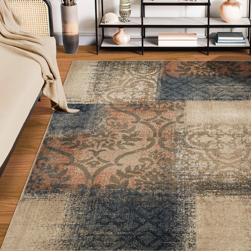 8' X 10' Blue And Ivory Damask Distressed Area Rug