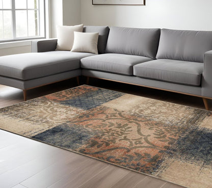 8' X 10' Blue And Ivory Damask Distressed Area Rug