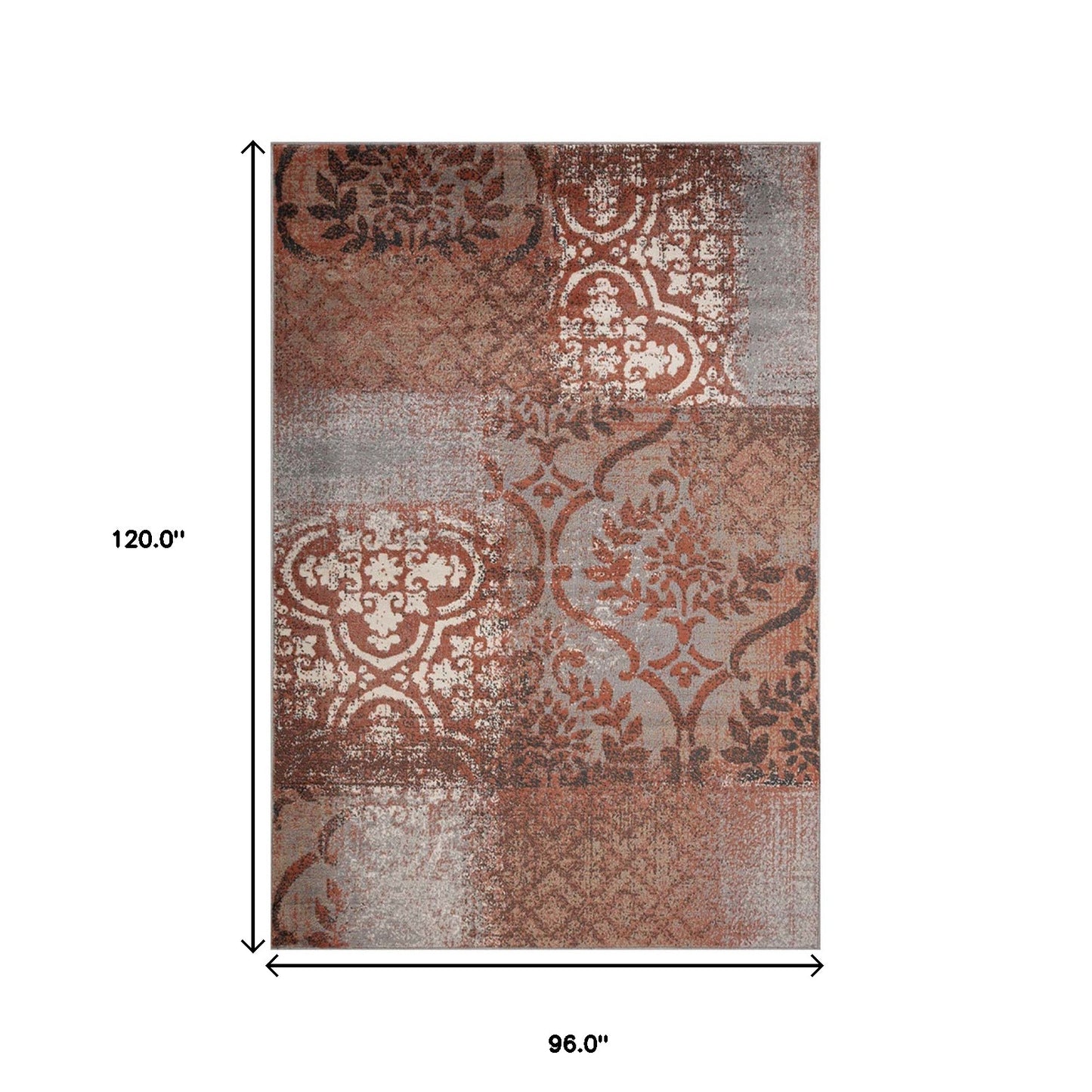 8' X 10' Rust And Gray Damask Distressed Stain Resistant Area Rug