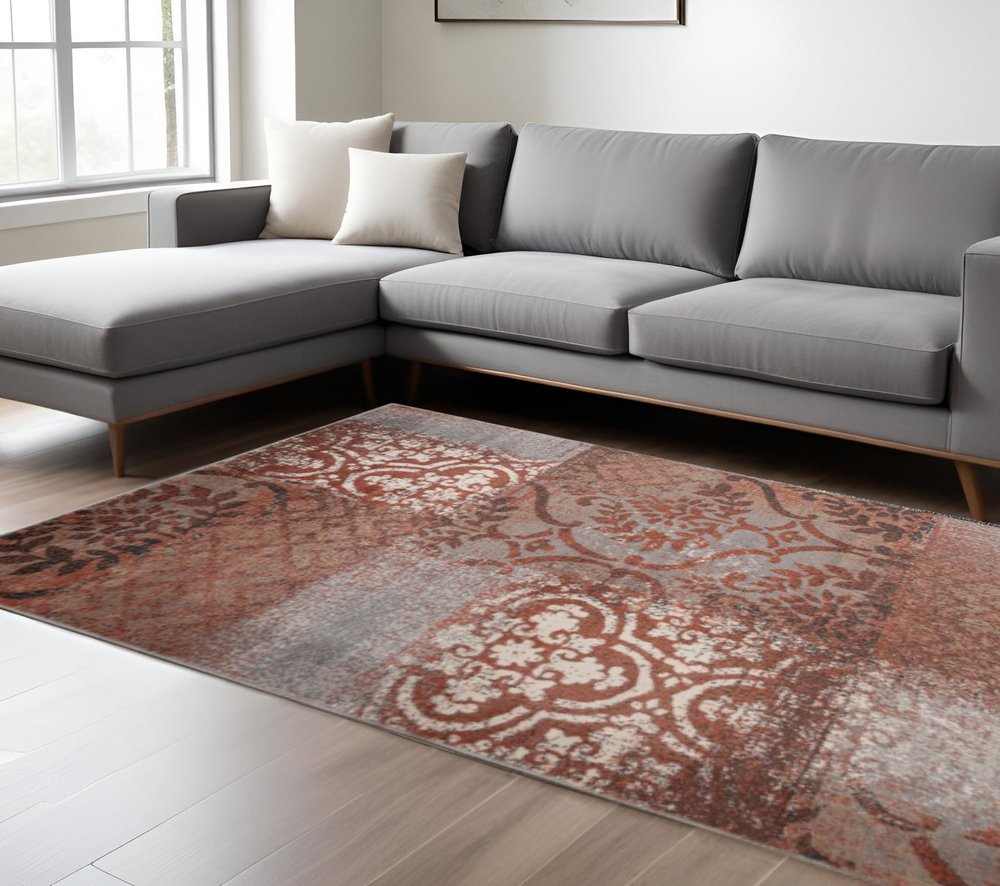 8' X 10' Rust And Gray Damask Distressed Area Rug