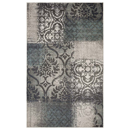 8' X 10' Teal And Ivory Damask Distressed Area Rug