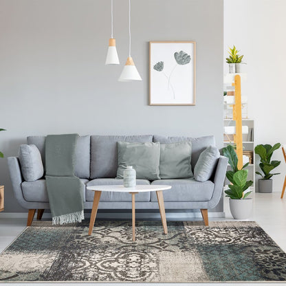 8' X 10' Teal And Ivory Damask Distressed Area Rug