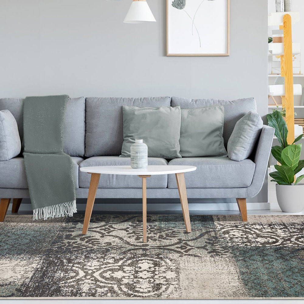 8' X 10' Teal And Ivory Damask Distressed Area Rug