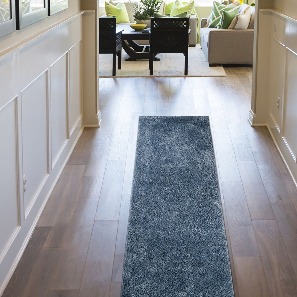 8' Blue Shag Handmade Runner Rug