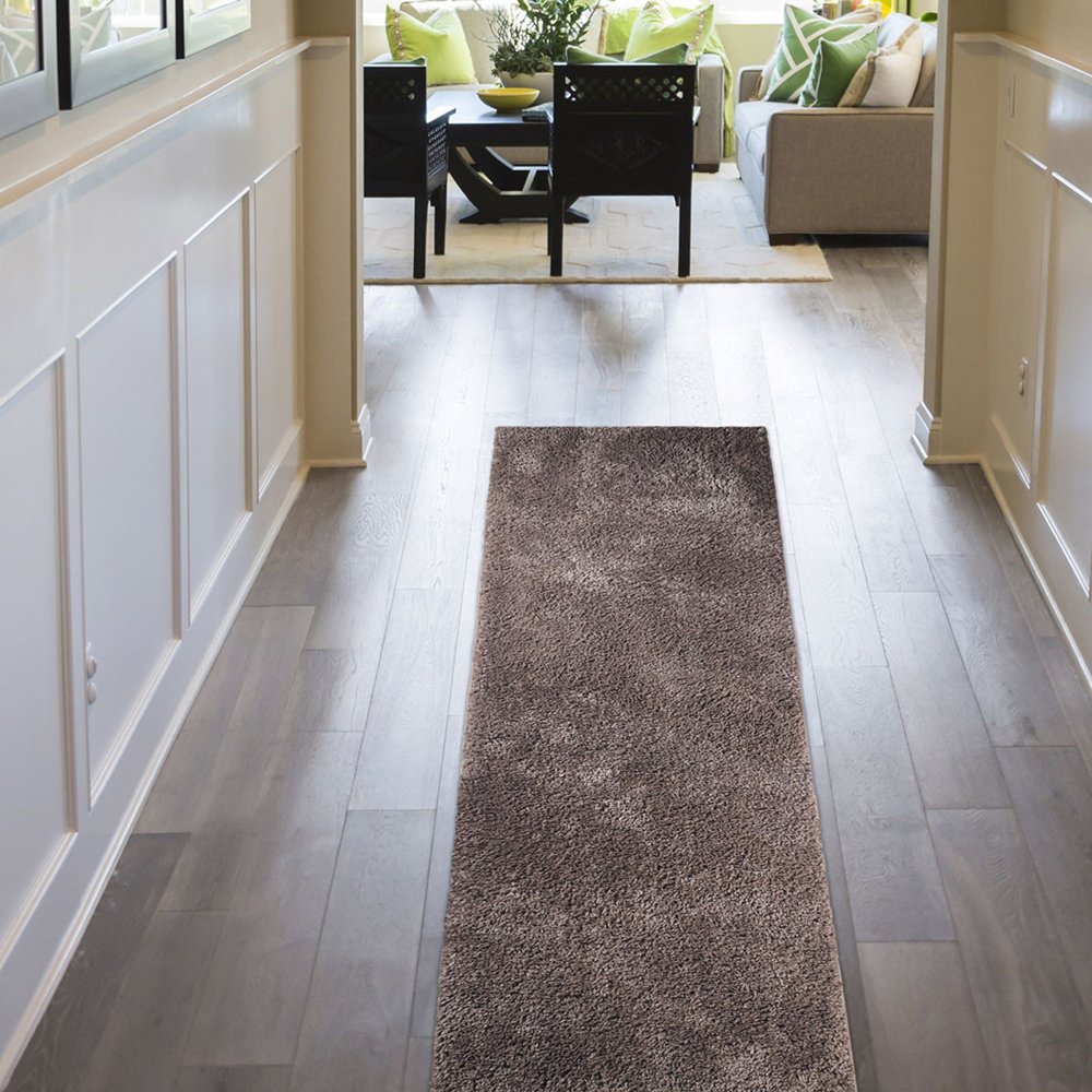 8' Taupe Shag Handmade Runner Rug