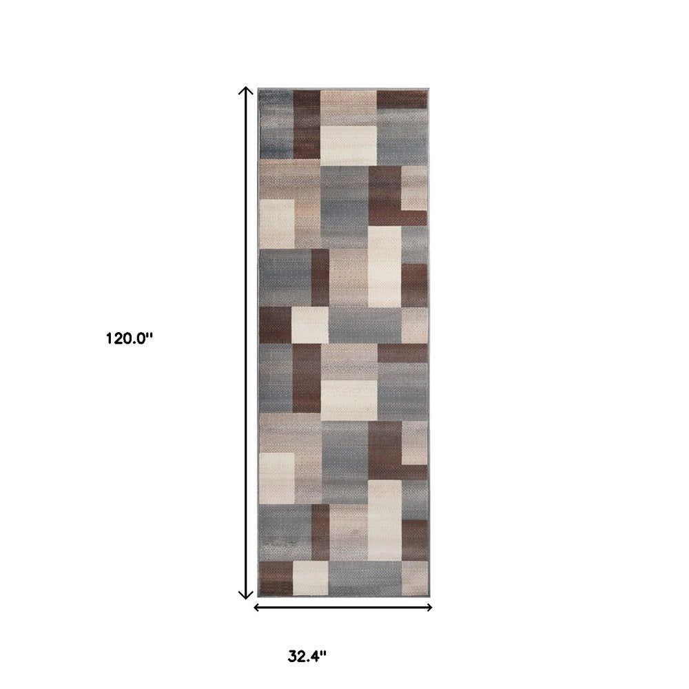 10' Gray Tan And Brown Patchwork Runner Rug