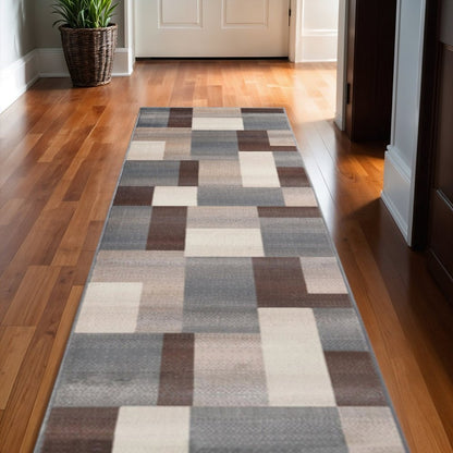 10' Gray Tan And Brown Patchwork Runner Rug
