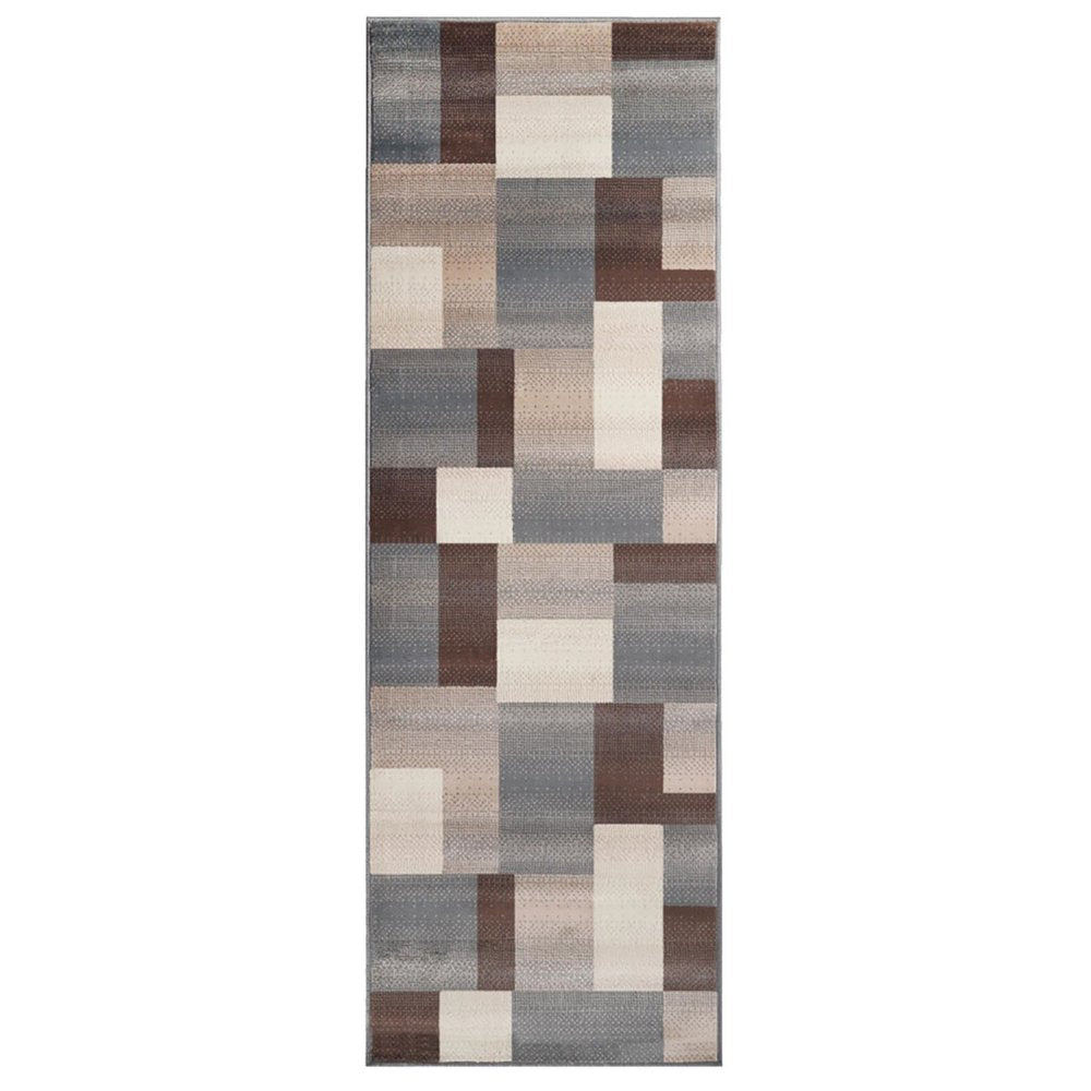 12' long gray, tan, and brown patchwork runner rug.
