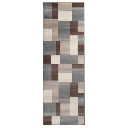 12' long gray, tan, and brown patchwork runner rug.
