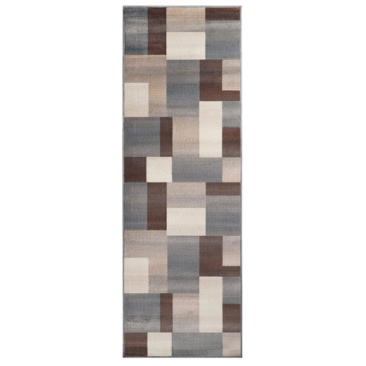 12' Gray Tan And Brown Patchwork Runner Rug