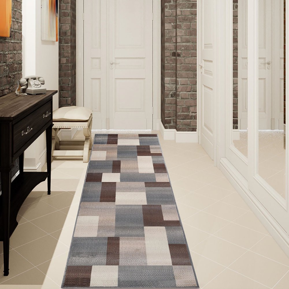 12' gray, tan & brown patchwork runner rug