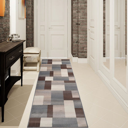 12' gray, tan & brown patchwork runner rug