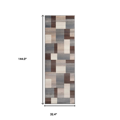 12' Gray Tan And Brown Patchwork Runner Rug