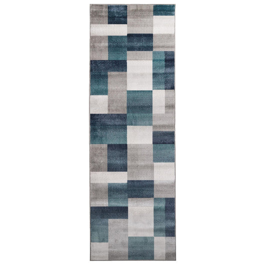 8' Teal And Gray Patchwork Power Loom Stain Resistant Runner Rug