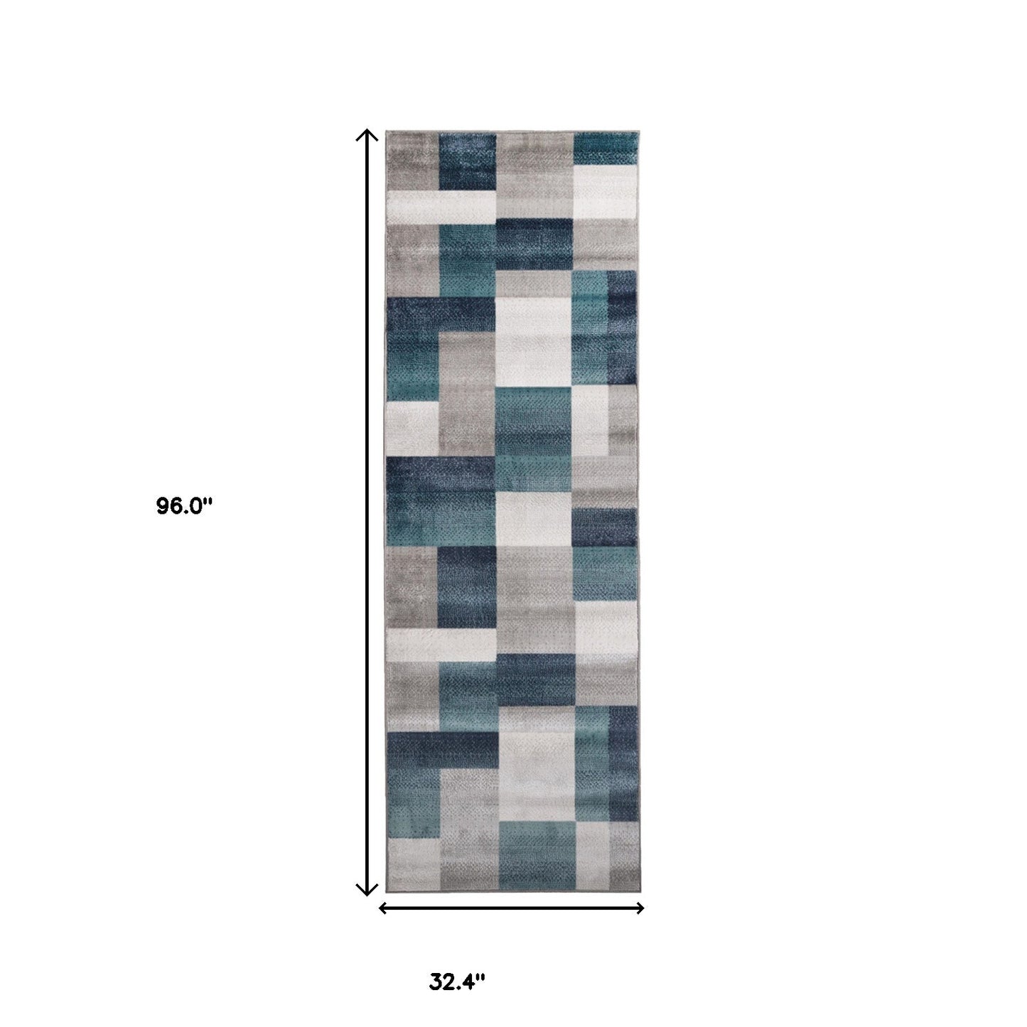 8' Teal And Gray Patchwork Power Loom Stain Resistant Runner Rug