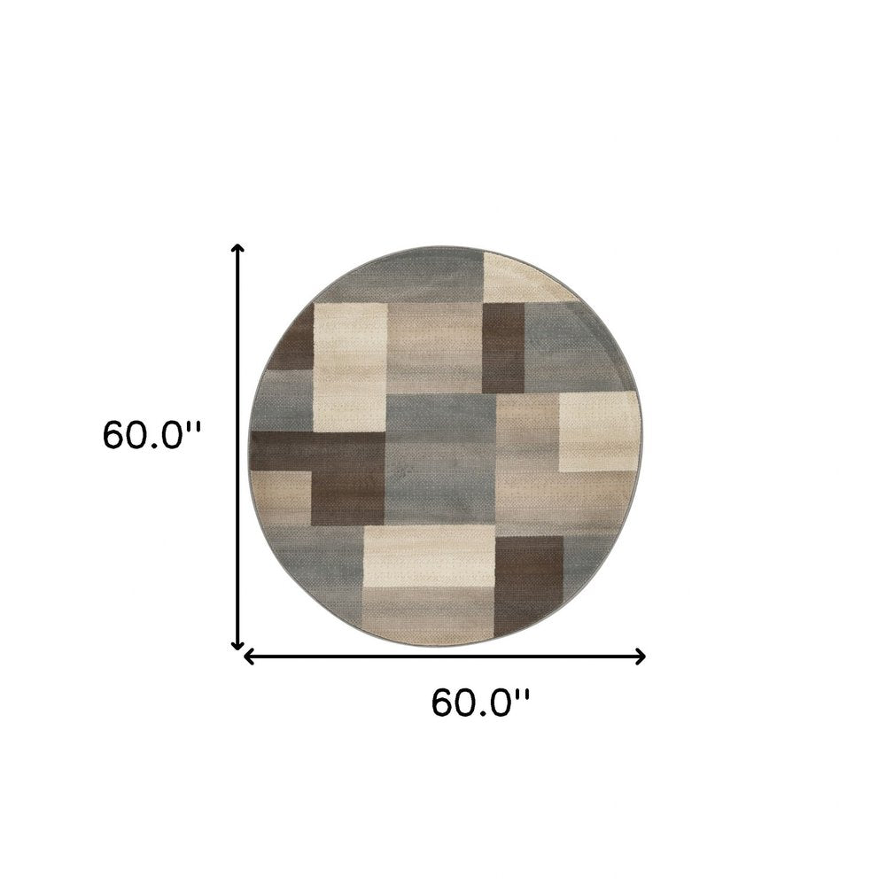 5' Gray Tan And Brown Patchwork Round Rug
