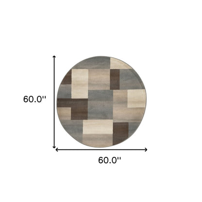 5' Gray Tan And Brown Patchwork Round Rug