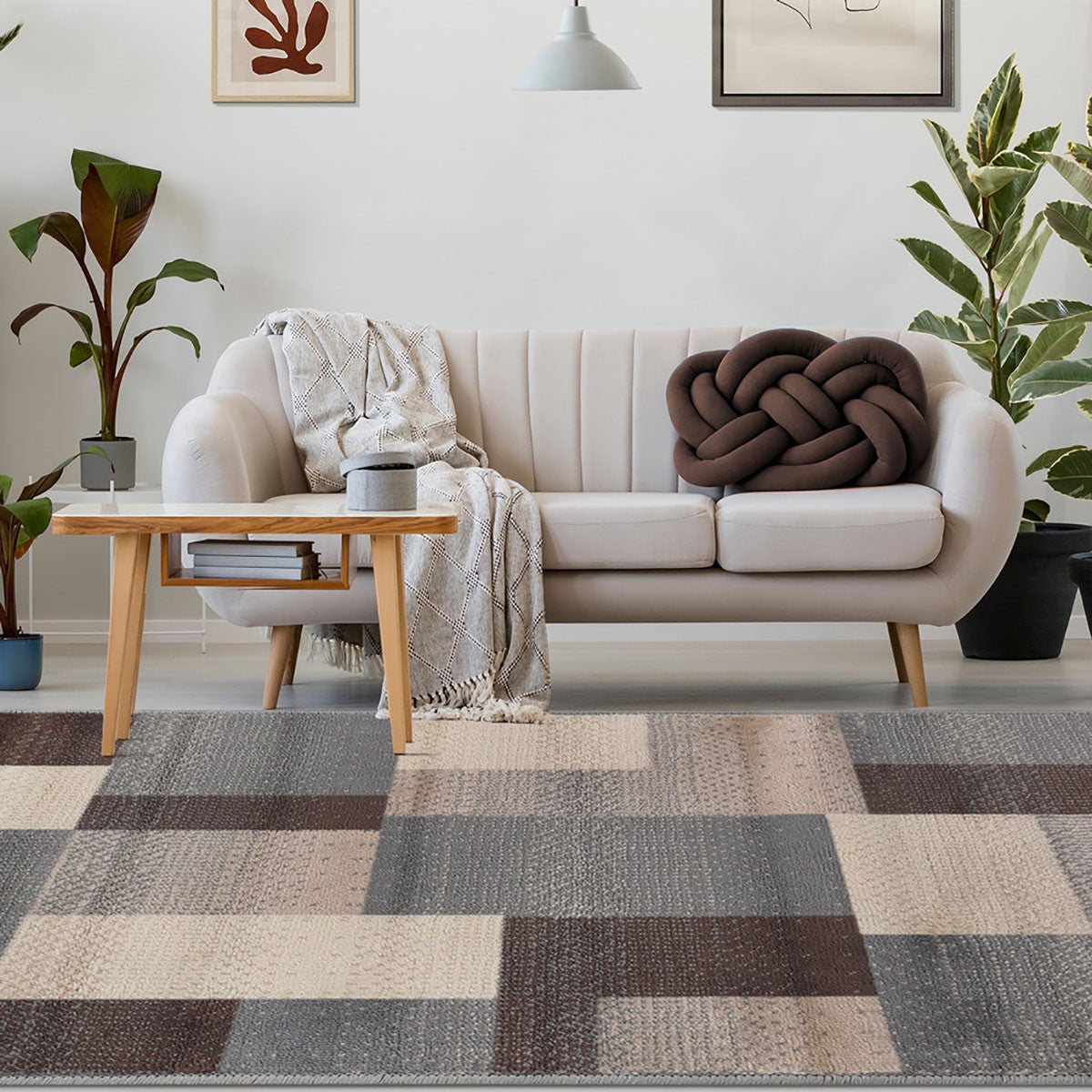 6' X 9' Gray Brown and Cream Patchwork Area Rug