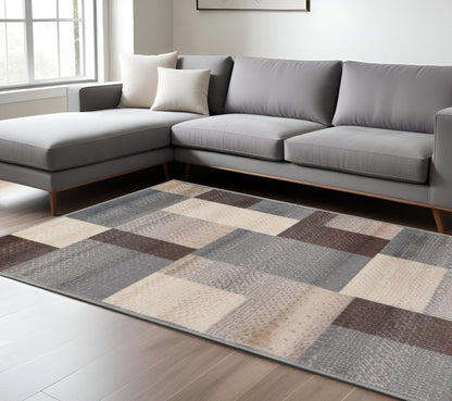 7' X 9' Gray Tan And Brown Patchwork Area Rug